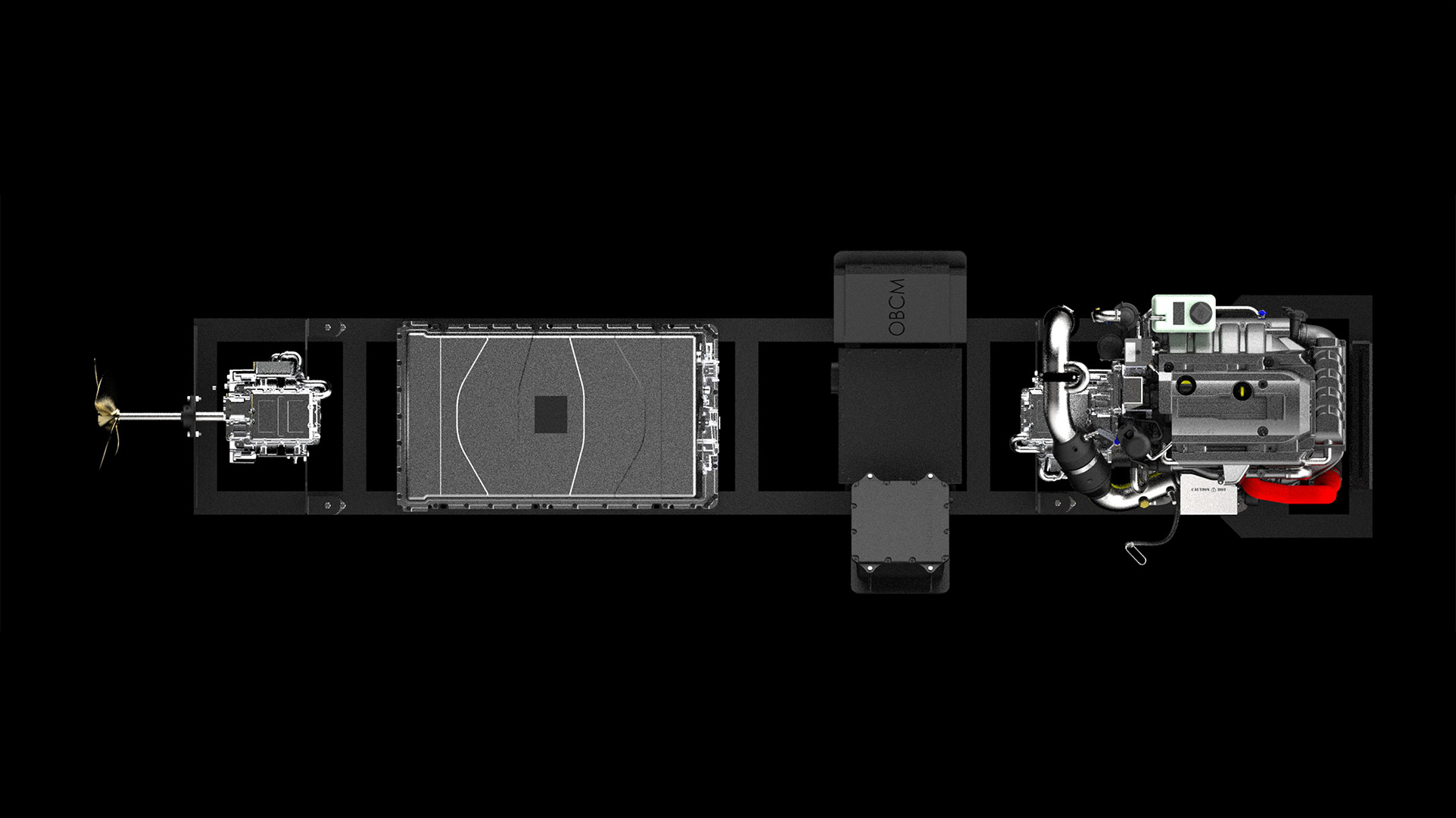 Trident Hybrid Powertrain layout: propulsion, gearbox, battery pack, control system, and combustion engine